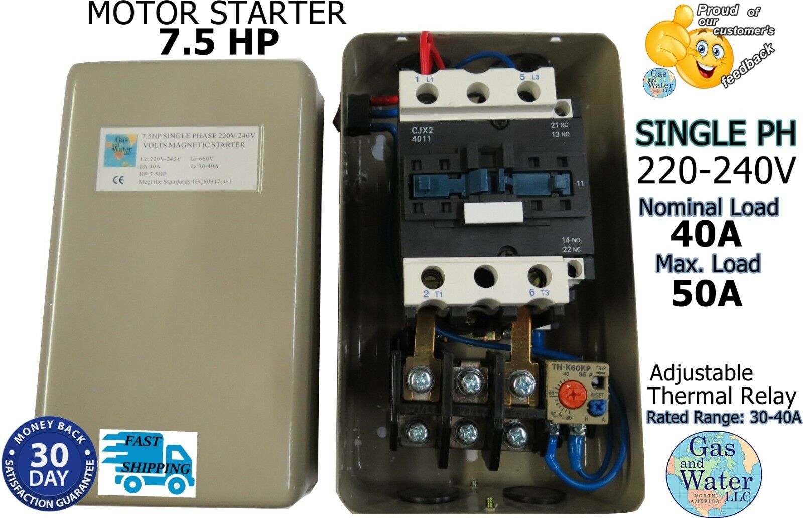 7.5 Hp Magnetic Starter Motor Control Single Phase 1ph 220/240v 30-40a P40gw Amz