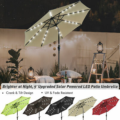 9' Patio Outdoor Umbrella Solar Led 8 Rib Garden Parasol Yard Deck Table Shade